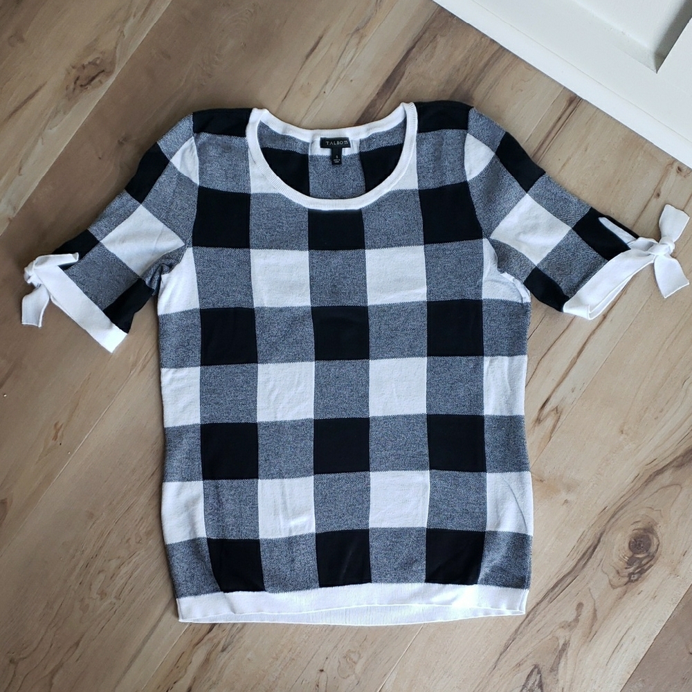 Talbots Black White Buffalo Check Plaid Short Sleeve Top Size S